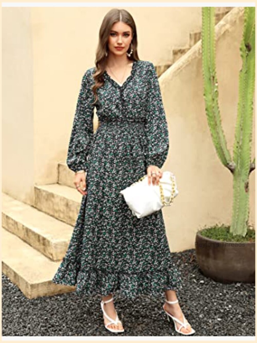 V Neck Boho Floral Print Wedding Guest Maxi Dress Bohemian Flowy - Picture 2 of 7